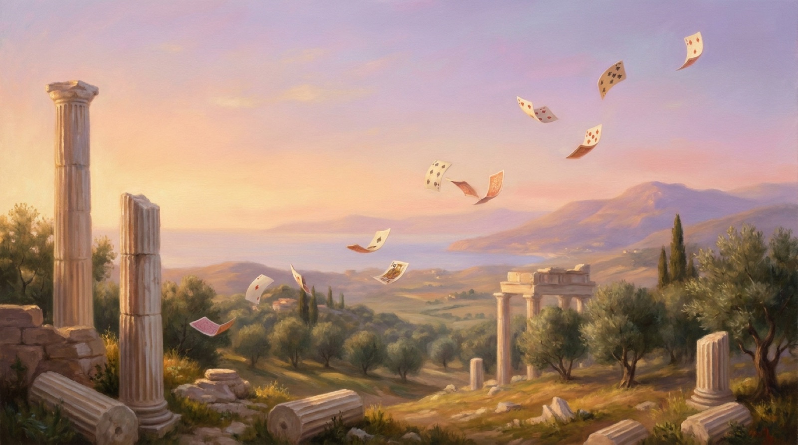 A pastoral golden-hour landscape with marble columns and playing cards drifting like leaves